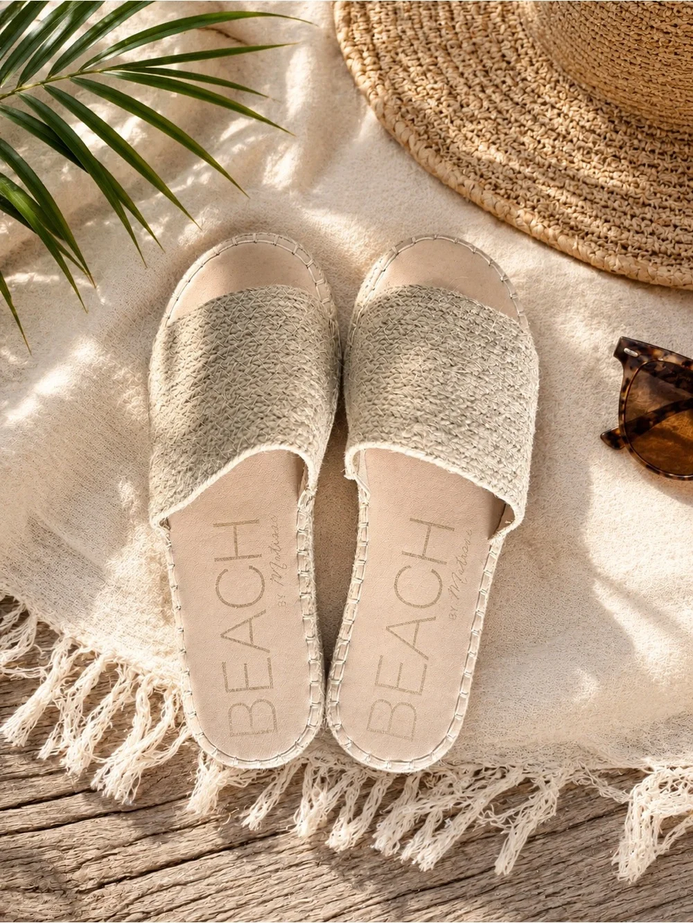 BEACH Beige Woven Espadrille Slide - Neutral Summer Slip-Ons